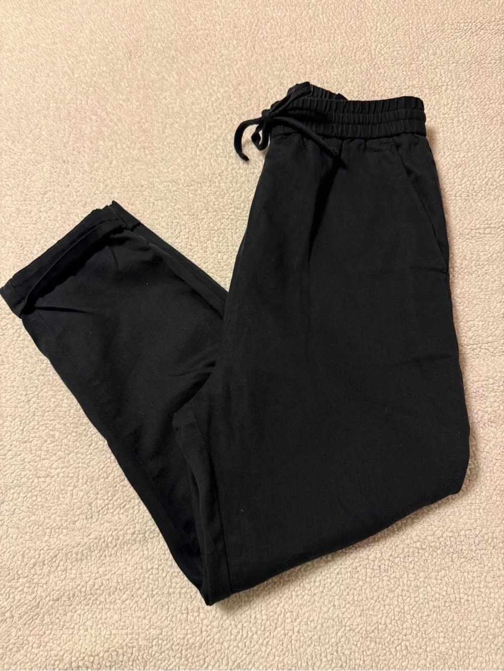 COS Black Relaxed Elastic Waist Drawstring Tapered Trousers Pants Linen Blend